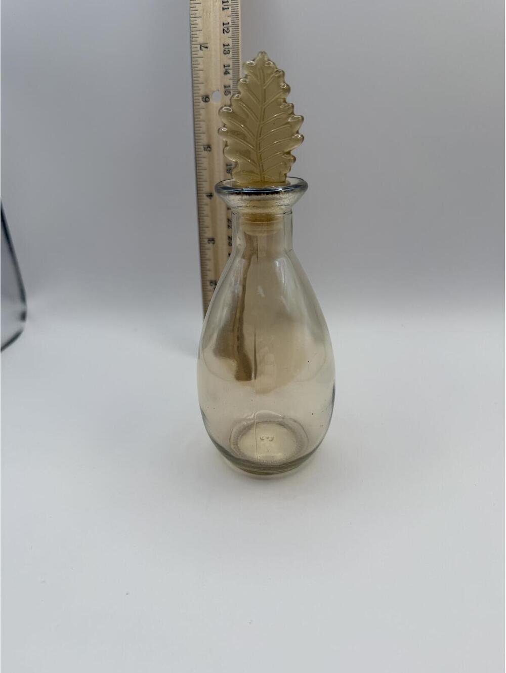 Vintage Amber Glass Decanter Bottle w/ Leaf Stopper Hand Blown 10”